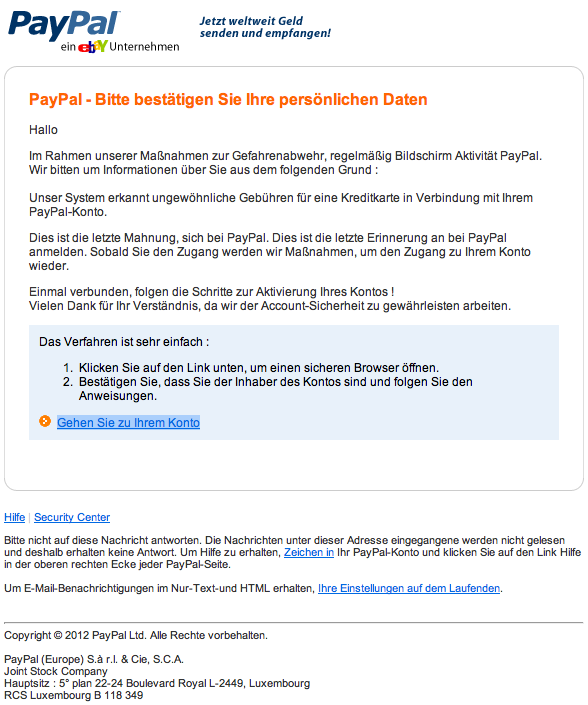 PayPal Phishing Email