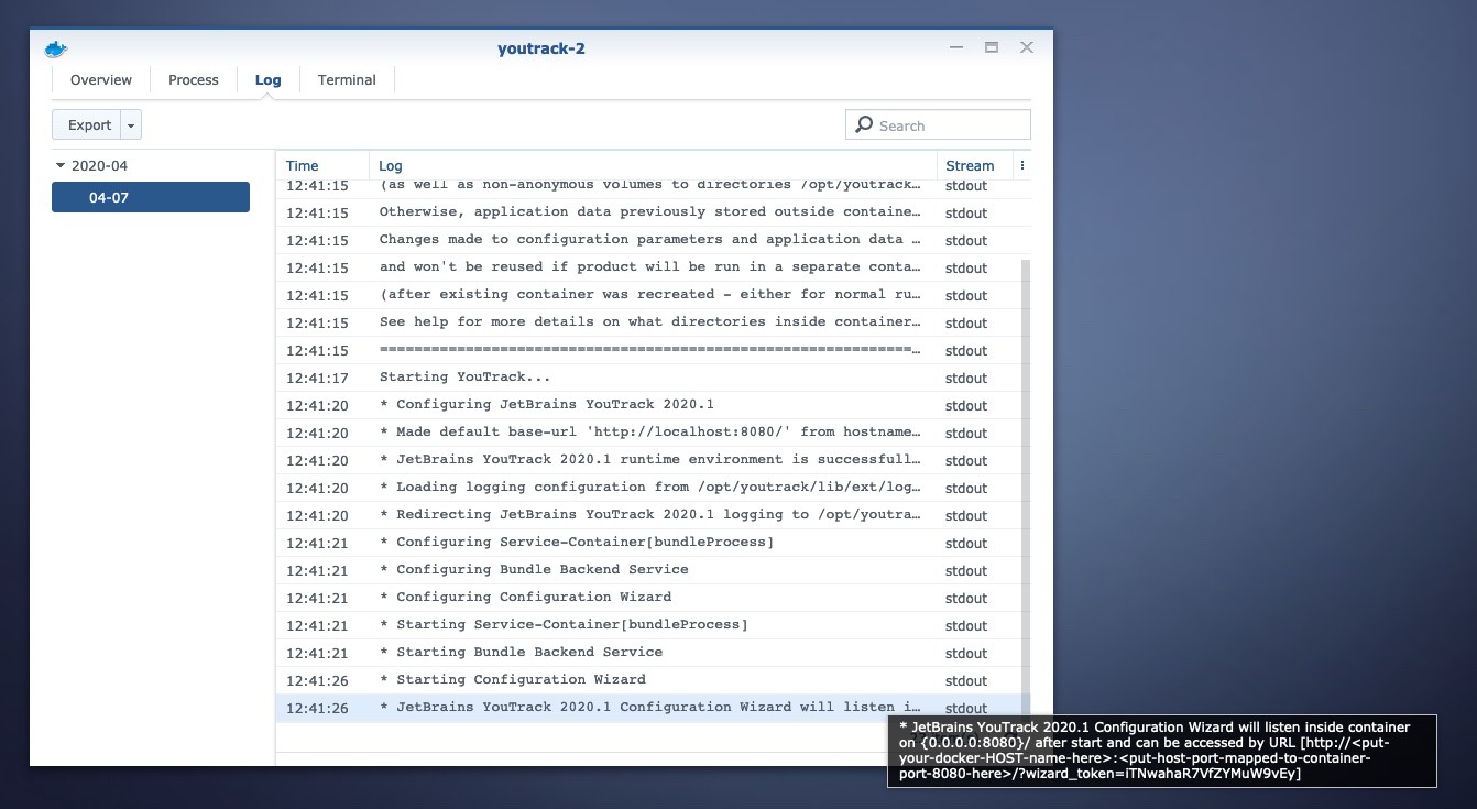 Logs of the YouTrack container