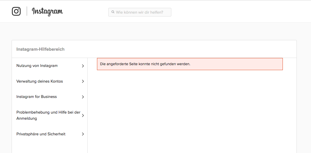 Screenshot of Instagram Help Center with 'page not found' error
